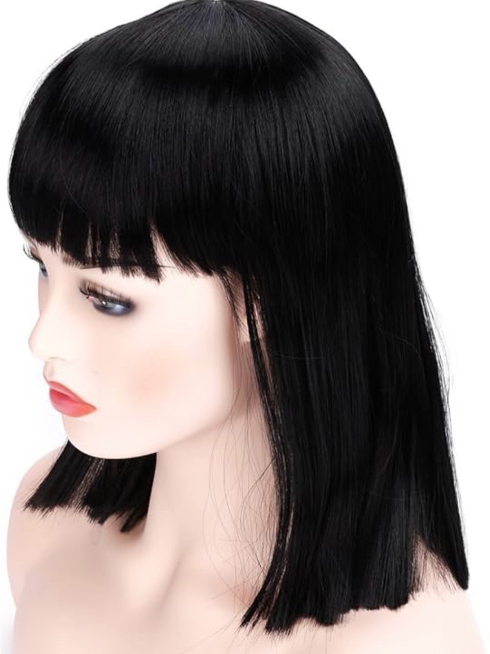 Black 14” Shoulder Length Straight Wig With Bangs Halloween Cosplay Anime NWOT